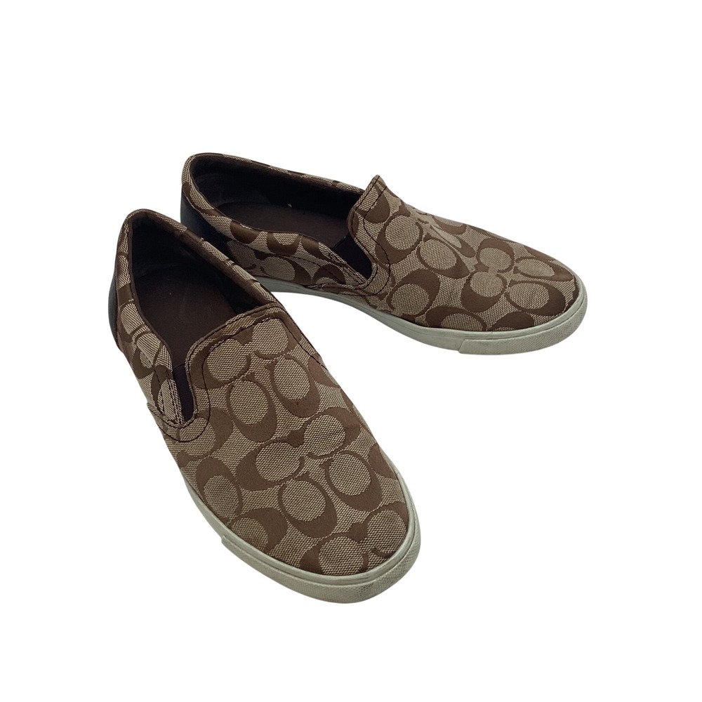 Coach Signature Jacquard Slip On Sneakers Brown Leather Trim Flats A1048 US 7B